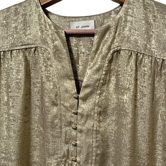 St. John Metallic Champagne V Neck Gown Size L Side Slit Luxe Maxi Dress - FLAWS - Picture 6 of 12